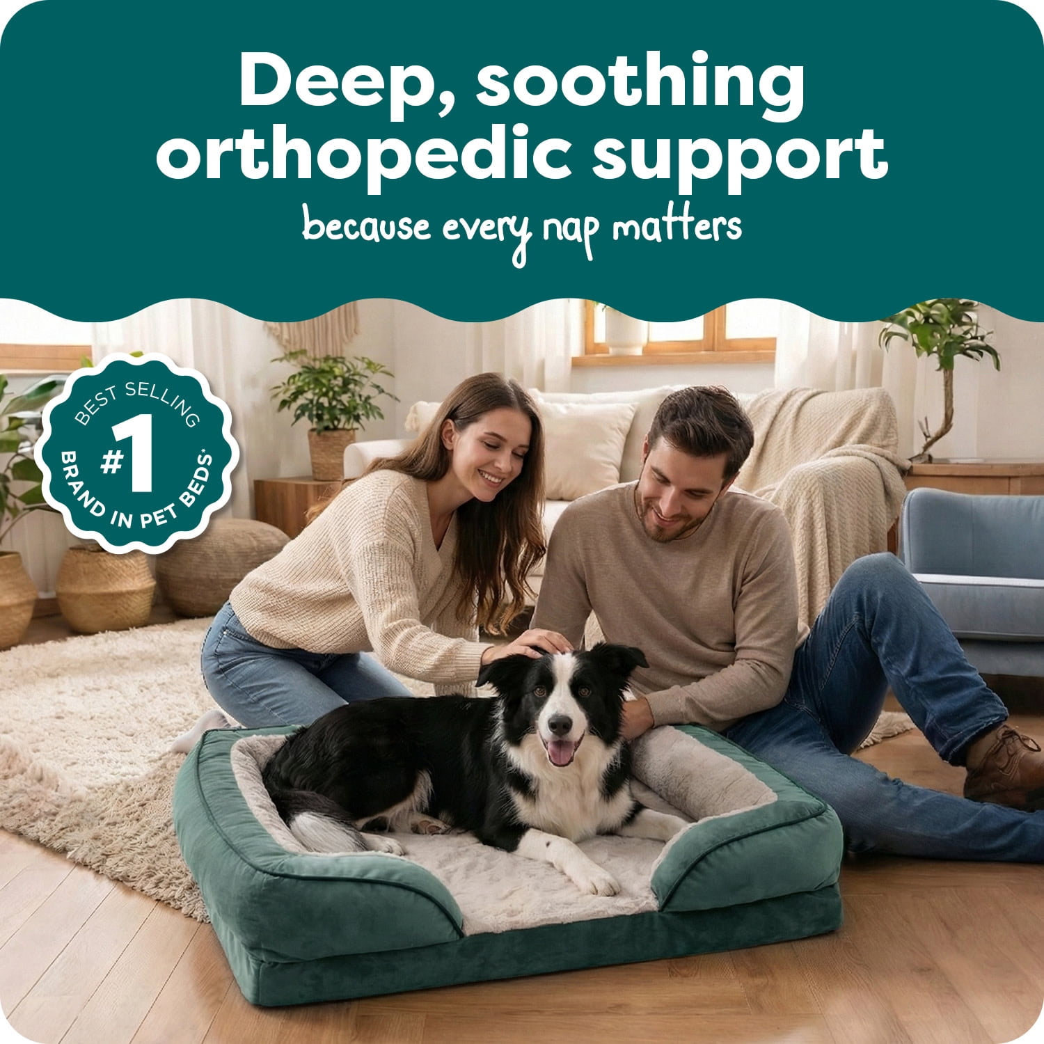 FurHaven Orthopedic Dog Bed for Large Dogs, Perfect Comfort Sofa, Egg Crate with a Solid Orthopedic Foam Base for Joint Support, Removable, Washable Cover, Large, Plush & Velvet, Celadon Green