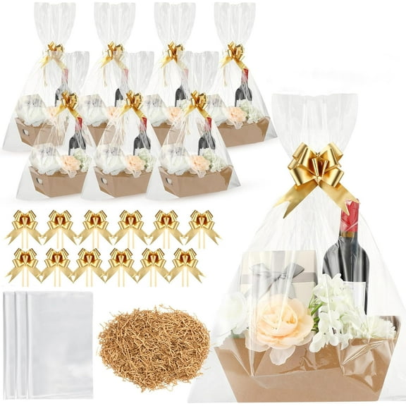 20 Pcs Gift Baskets Kit with 20 Bows, 20 Bags & Raffia for Birthday, Wedding, Christmas, Valentines (Brown, Gold)