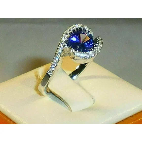 14K White Gold Plated Round Blue Tanzanite Wedding Ring for Women in 925 Sterling Silver – Elegant Gift for Her