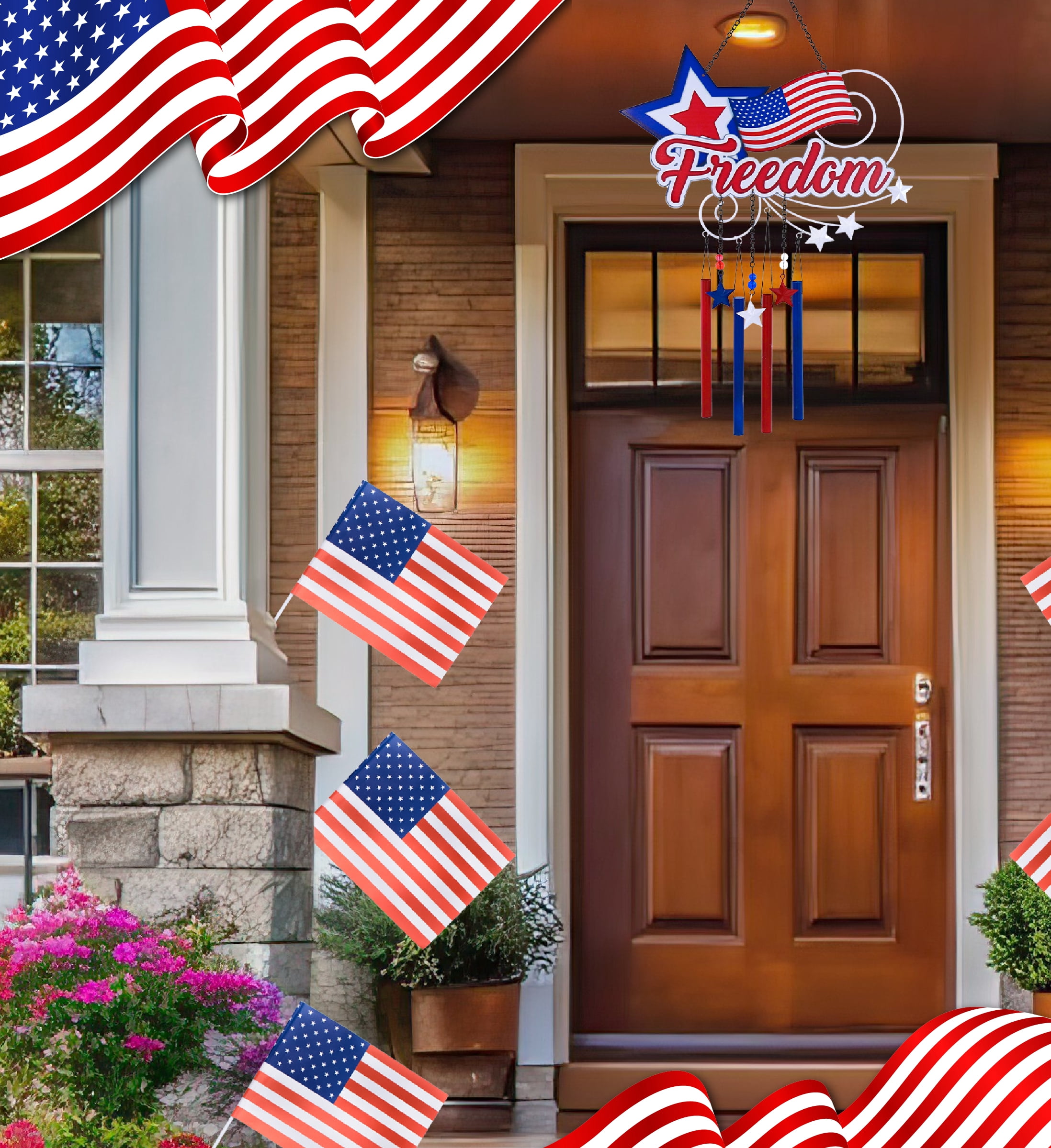 CoTa Global USA Flag Star Wind Chime - American Flag Patriotic Indoor or Outdoor Windchime Home Decor with Hanging Bells, Handcrafted Glass and Metal Wind Chimes for Yard, Garden, Porch - 25.5 Inches