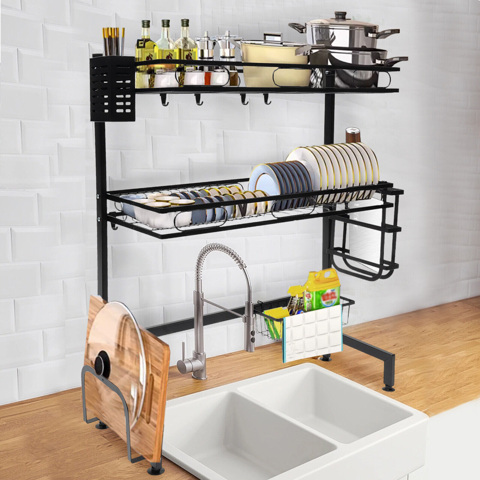2-Tiers Over-The-Sink Dish Drying Rack Adjustable Large 24.4'' Kitchen Large Drainage Rack Over Sink Kitchen Countertop Dish Drying Sotrage Rack Black