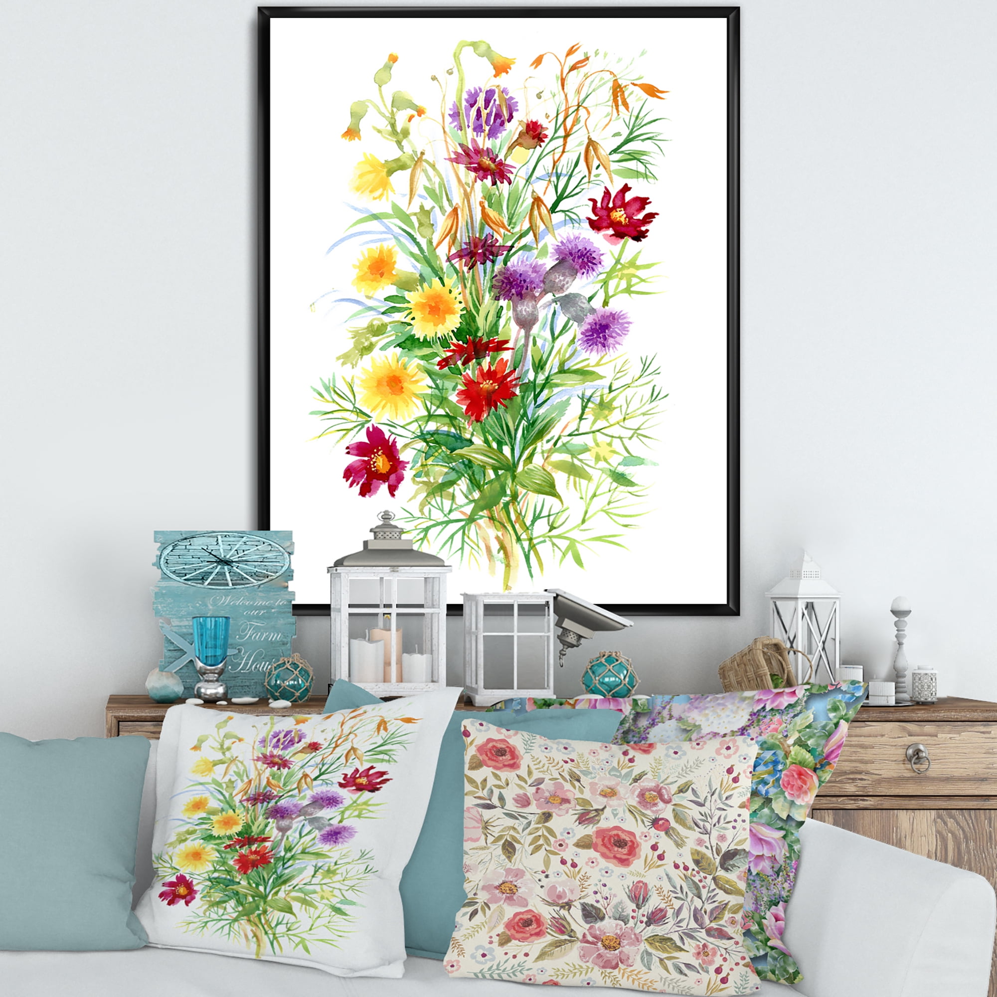 Designart 'Colorful Bouquet Of Wildflowers In Nature' Farmhouse Framed Canvas Wall Art Print