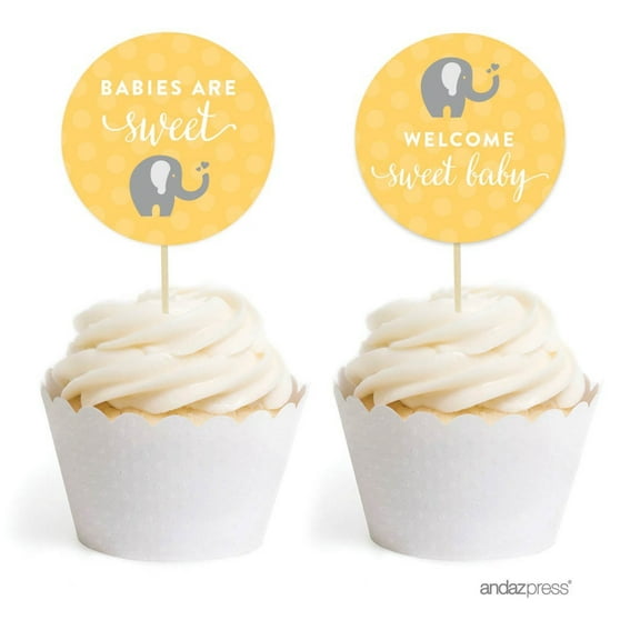 Yellow Elephant Baby Shower Cupcake Topper DIY Party Favors Kit, 20-Pack