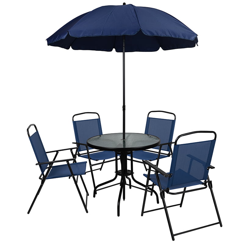 Flash Furniture 6 Piece Navy Patio Garden Set with Umbrella Table and