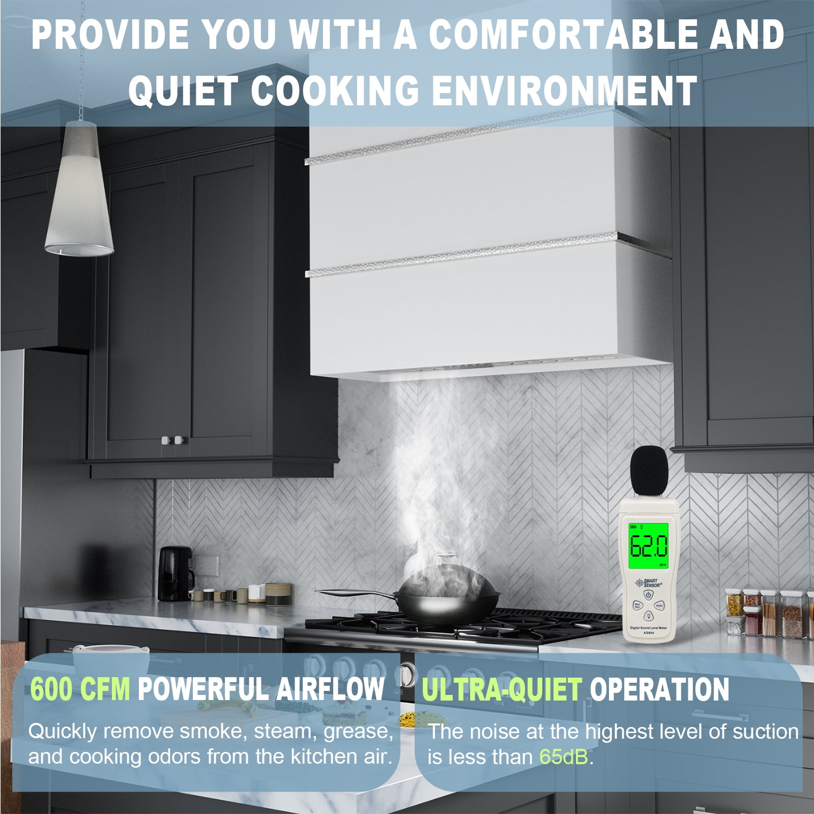 Akicon 30 inch Kitchen Range Hood with 600 CFM, Stainless Steel Wall Mounted Ducted Range Hood, 3 Speed Fan with LED Light, Powerful Vent Motor, Signal White with Nickel