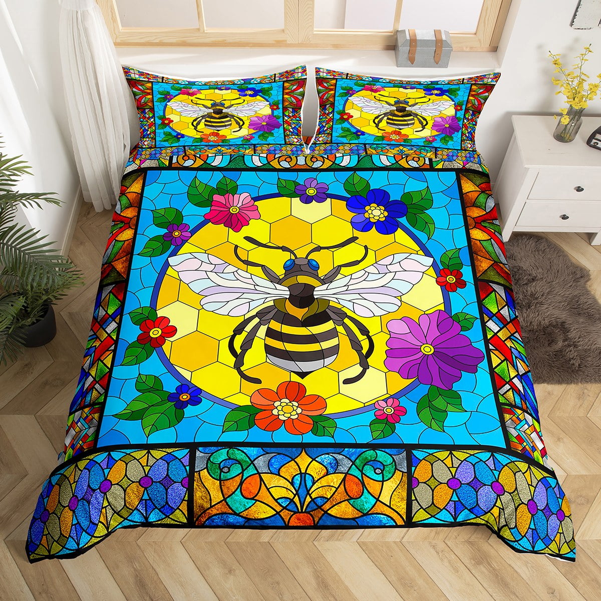 Bee Comforter Cover Floral Wreath Duvet Cover for Girls Women,Rainbow