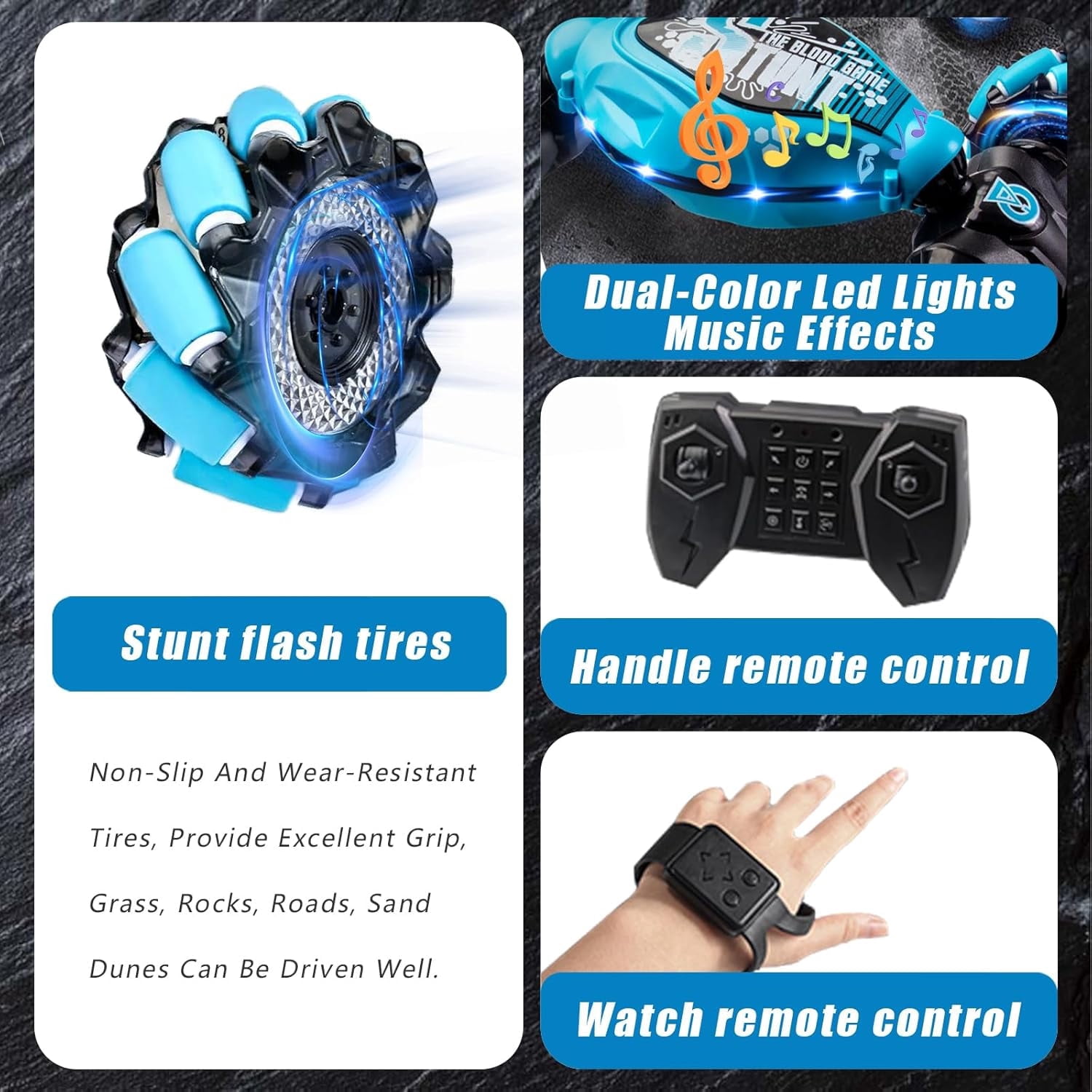 Gesture Sensing RC Stunt Car with Light & Music,Gesture Sensing Twist Car,Drift Stunt 2.4GHz Remote Control Cars, 360° Flips Rotating Off Road Vehicle for Kids Gifts (Blue)