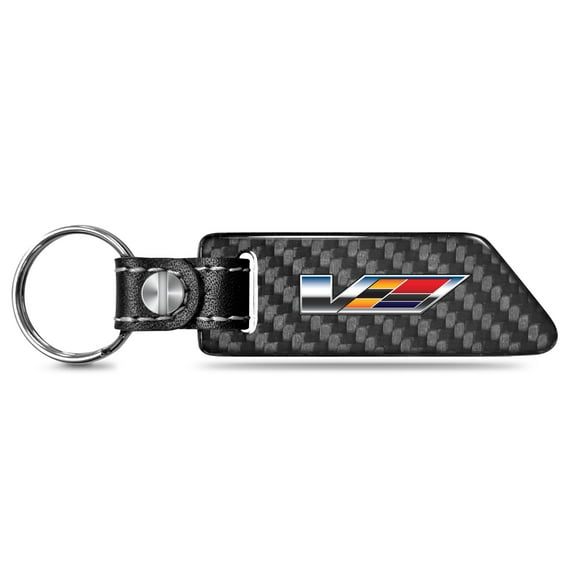 iPick Image for Cadillac V Logo Black Real Carbon Fiber Blade Style with Black Leather Strap Key Chain, Official Licensed
