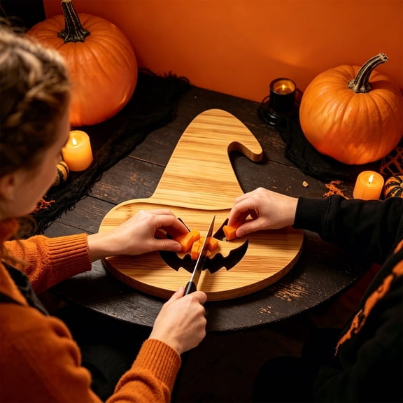 Halloween Pumpkin Shaped Wooden Cutting Board with Witch Hat, Holiday Kitchen Tray for Party Serving