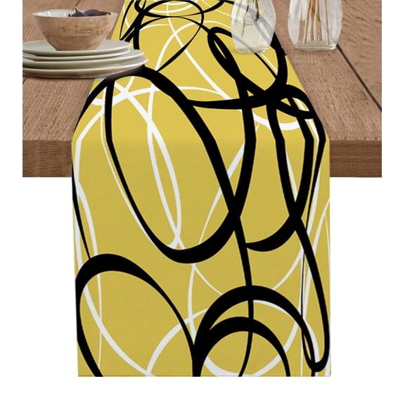 Table Runner Dresser Scarves 90 Inch Long, Geometric Black White Curve Stripe Linen Dining Table Runners Abstract Wave Line on Yellow Tabletop Scarf for Wedding Holiday Party Kitchen