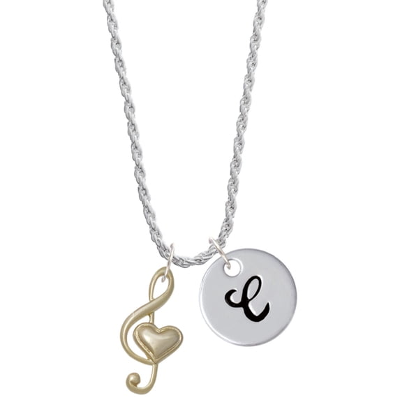 Delight Jewelry Goldtone Large Clef with Heart Silvertone Script Initial Disc - C - Charm Necklace, 20"+3"