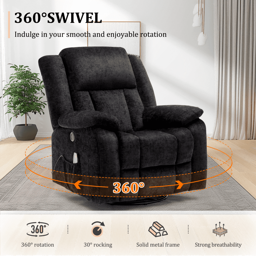 Korser Massage Swivel Rocker Recliner Chair with USB Ports Chenille for Living Room,Black