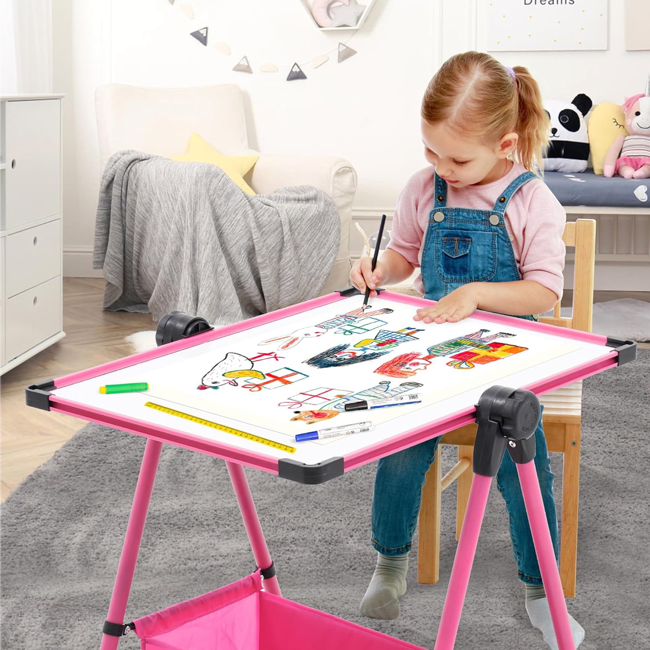Ealing 360°Rotating Art Easel for Kids Over 3 Years Old,Height Adjustable  with 29.5"-44",Pink