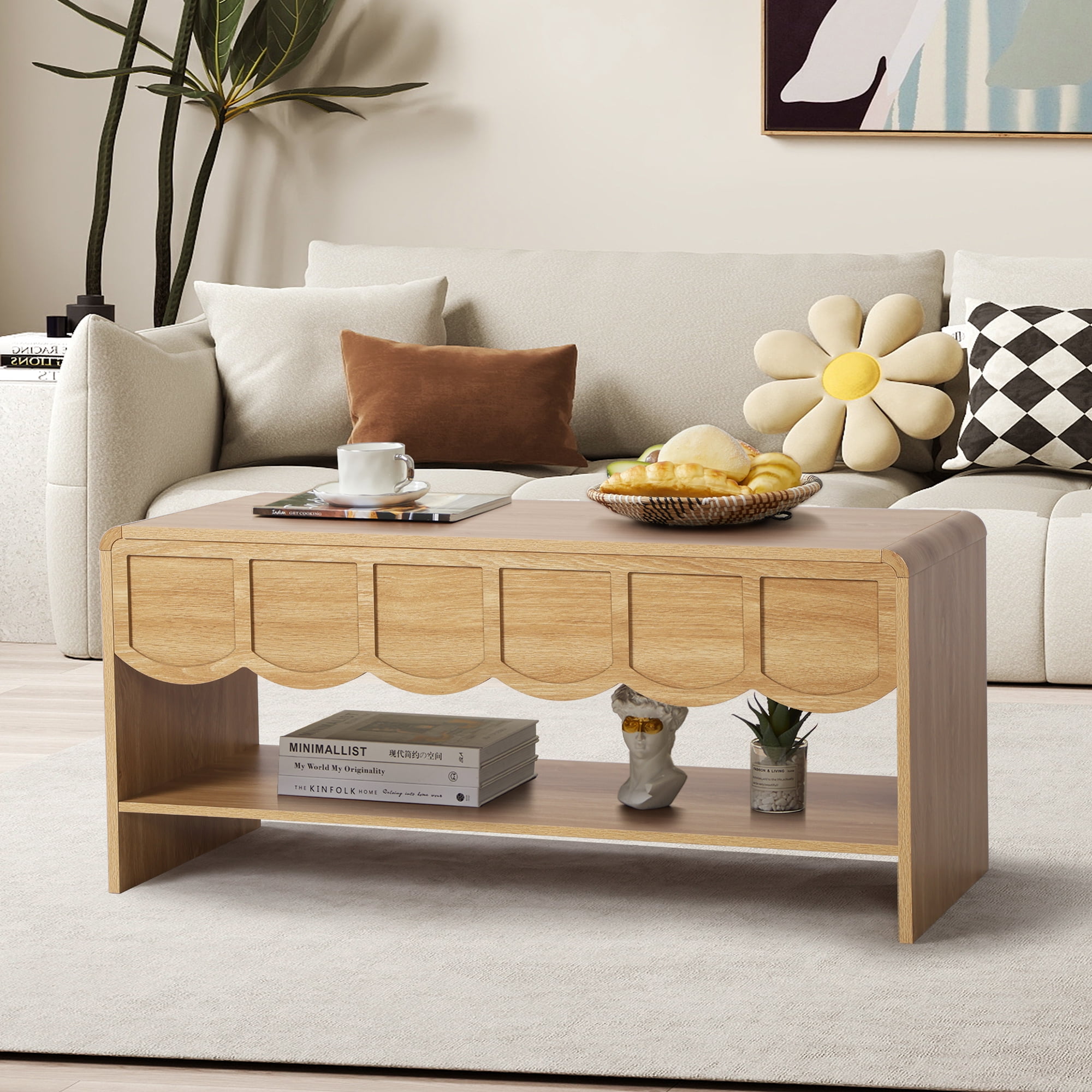 Wirrytor Lift Top Coffee Table with Storage for Living Room , Oval Coffee Table with Hidden Compartment and Open Shelf, Modern Center Tables, Wave Edge Design