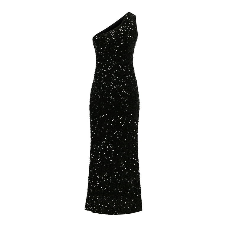 BLTIBY Women Sequin Evening Dress Hip Wrap V-Neck One Shoulder
