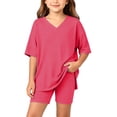 thumbnail image 2 of HOMBOM Big Girls Summer Outfits Casual Fashion Solid Color V Neck Short Sleeve T-Shirt and Shorts 2 Piece Set Age 4-15 Years,Hot Pink,4-5 Years, 2 of 7