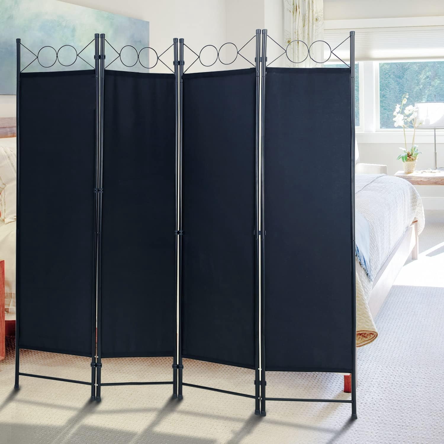BIQWBIC 4-Panel Room Dividers and Folding Privacy Screens, 6.8 Ft Fabric Partition Screen, Black