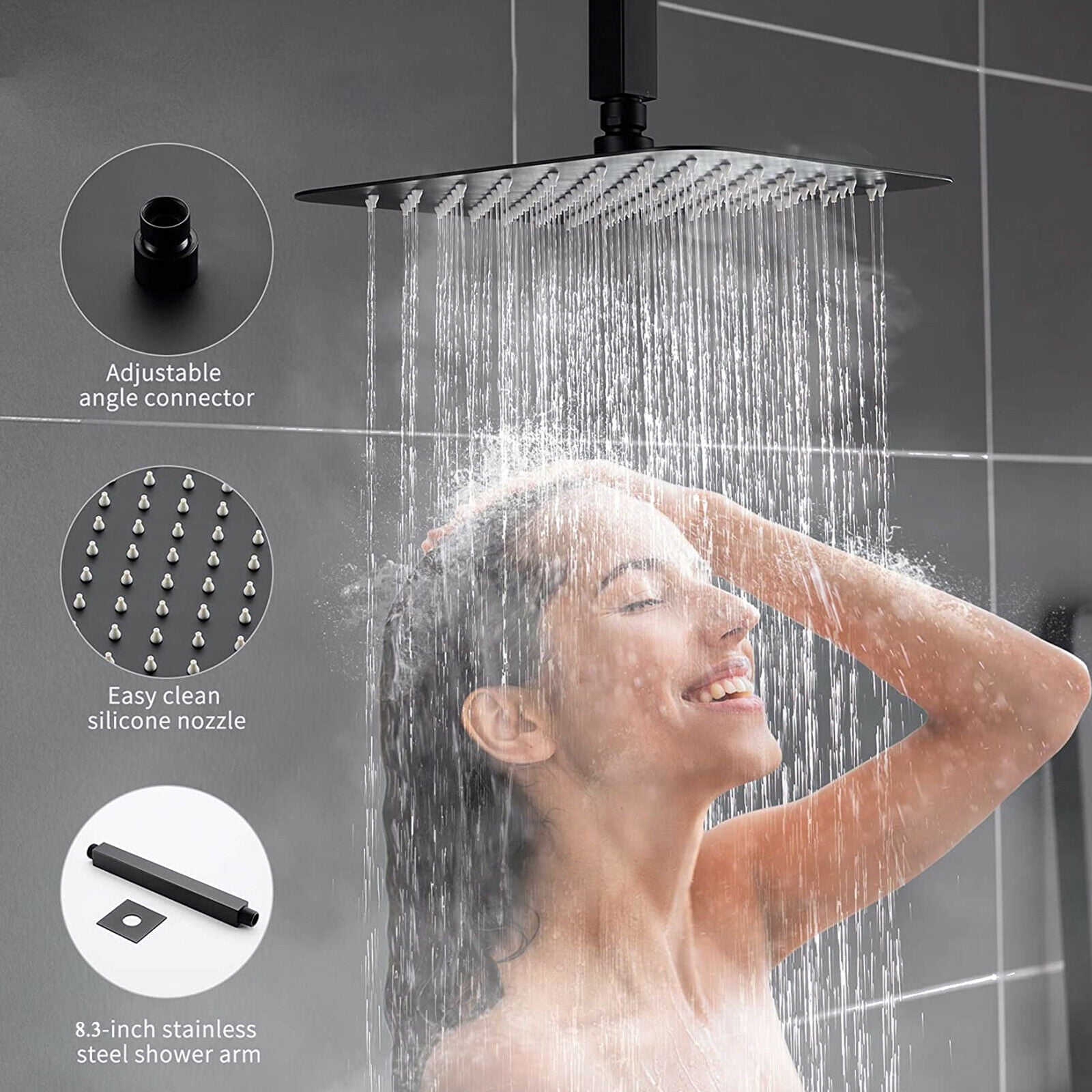 Zovajonia Matte Black Shower System 12 Inches Shower Faucet Set,  Rain Shower Head with Handheld Spray Bathroom Ceiling Mount Shower Fixtures