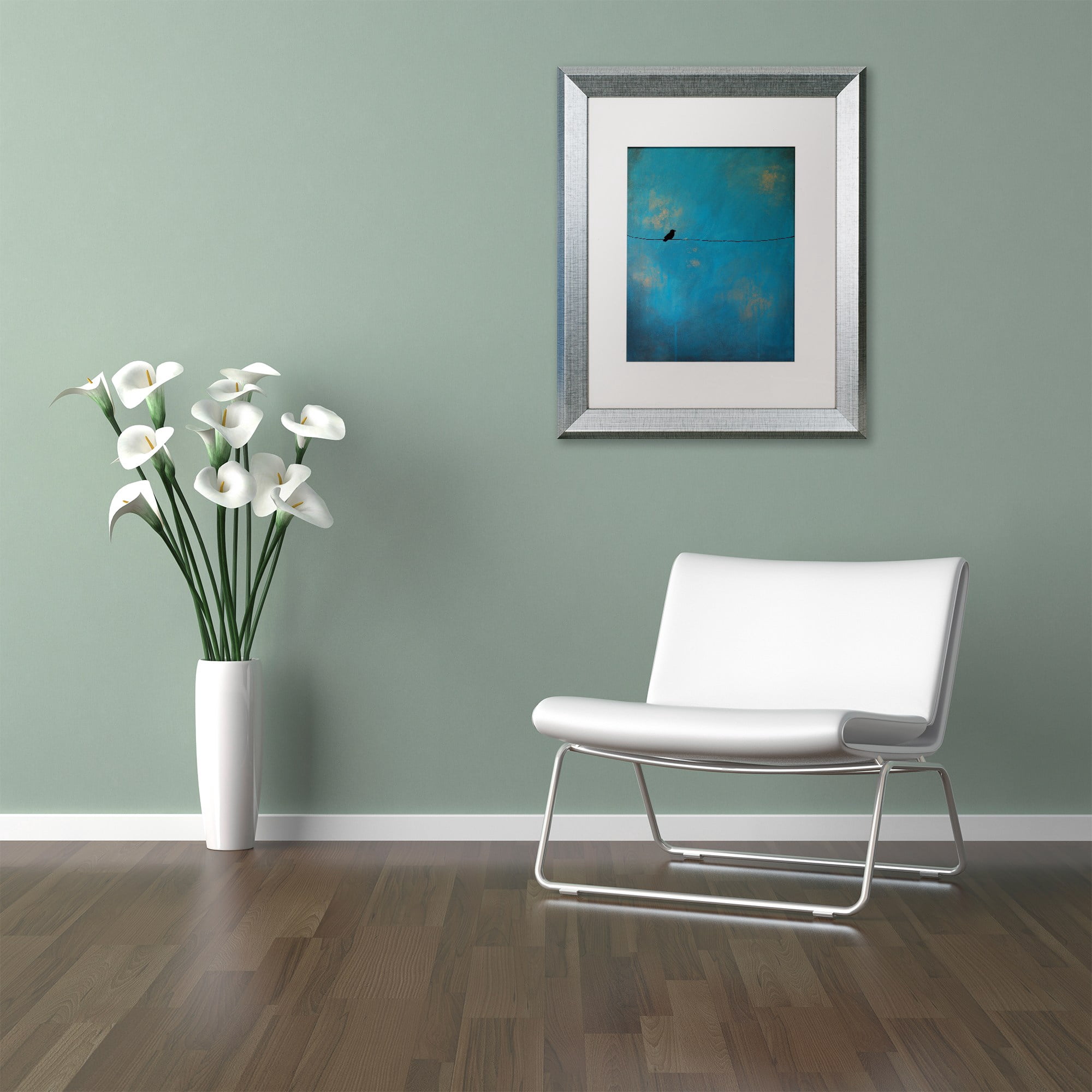 Trademark Fine Art ''Lone Bird Blue'' by Nicole Dietz 16" x 20" White Matted Silver Frame