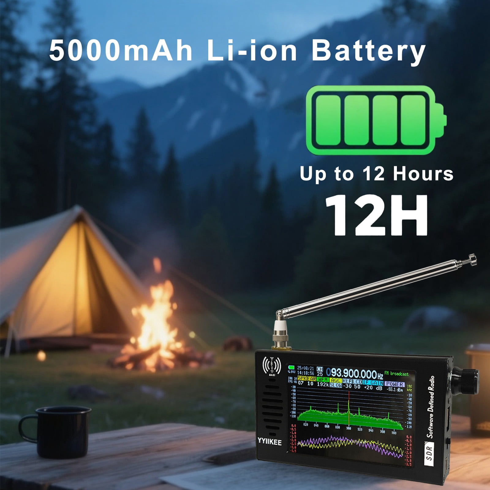 Portable SDR DSP Radio Receiver with 4.3" Touchscreen 100KHz–149MHz Full Band SSB/AM/FM/CW 192kHz Spectrum Waterfall Display Rechargeable 5000mAh Battery Aluminum Alloy Case