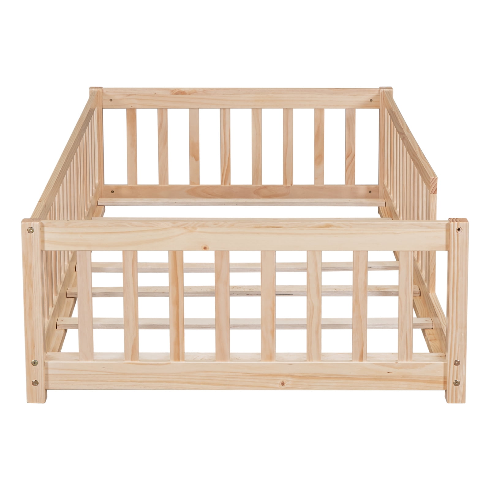 Twin Floor Bed with Fence for Kids, Solid Pine Wood Platform Bed Frame with Guardrails and Slats System, Playhouse Design Montessori Bed for Children Bedroom,Without Door, Natural