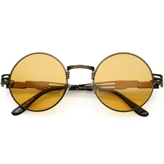 Oversize Round Sunglasses Engraved Metal Arm Cutout Color Tinted Lens 53mm (Bronze / Orange)