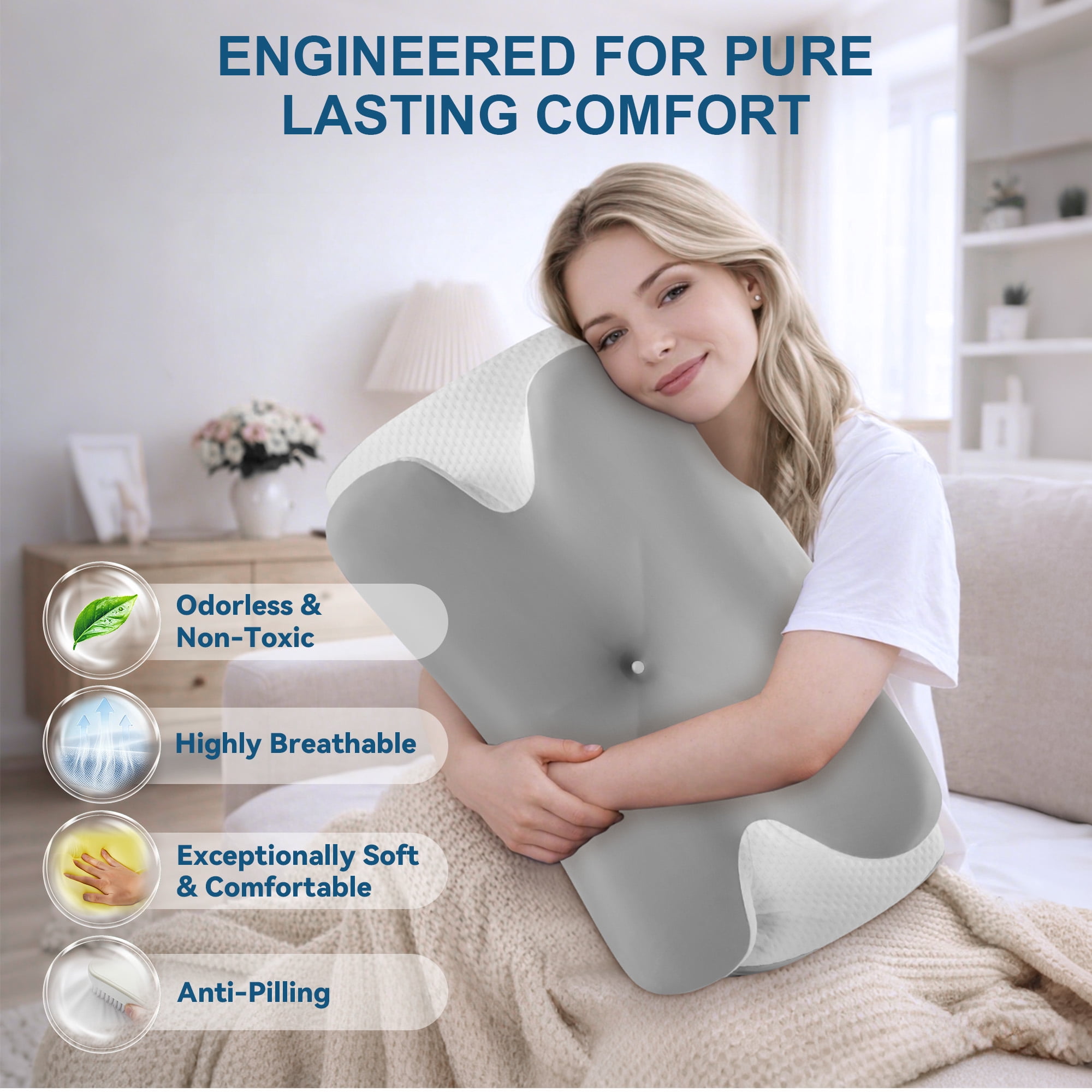 KAIPARA Ergonomic Cervical Neck Pillow for Sleeping, Contour Memory Foam Bed Pillow with Cooling Cover, Orthopedic Neck Support Pillow for Side, Back & Stomach Sleepers, Grey White