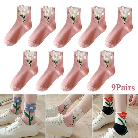 

9Pairs/Set Flower Pattern Socks Solid Color Cute Kawaii Tulip Flower Cotton Sock for Girl