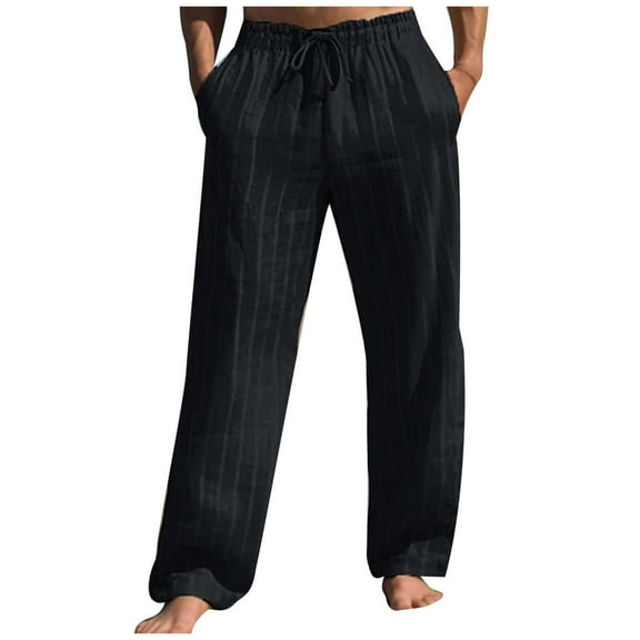 Rggeeun Mens Pants Summer Linen Straight Stripes Comfortable Breathable Outdoor Stretch Pants With Drawstring Pants For Men Outdoor Trousers