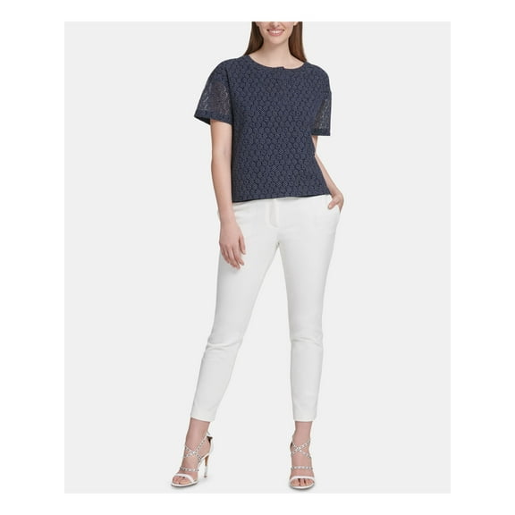 DKNY Womens Navy Lace Polka Dot Short Sleeve Top S