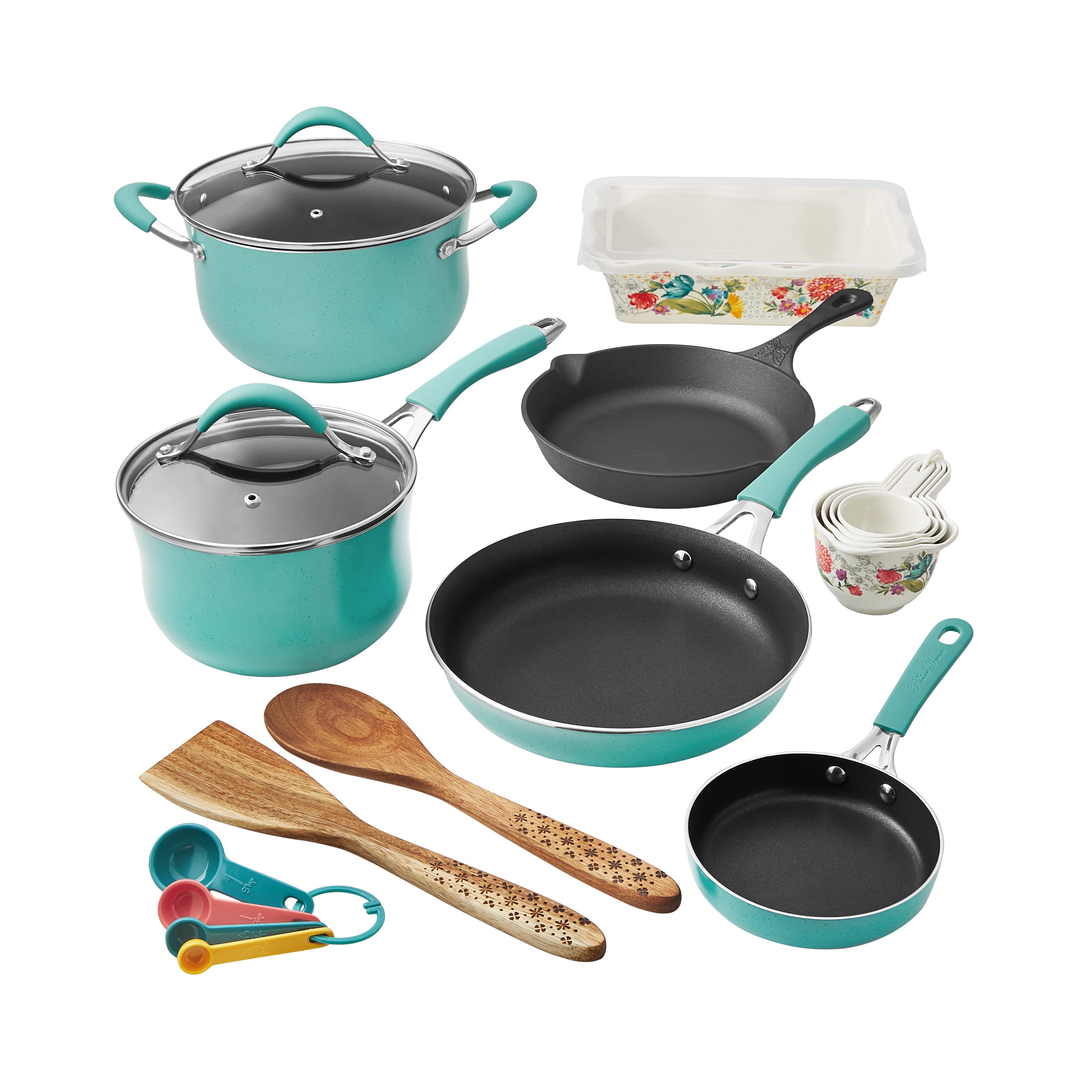 The Pioneer Woman Blooming Bouquet Aluminum Nonstick 19-Piece Cookware Set, Teal