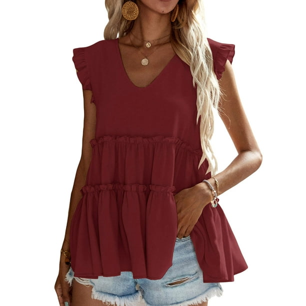 SAYOO - Chaleco holgado con volantes y plisado con cuello en V para mujer, informal, sin mangas, a la moda SAYOO Estilo de ocio