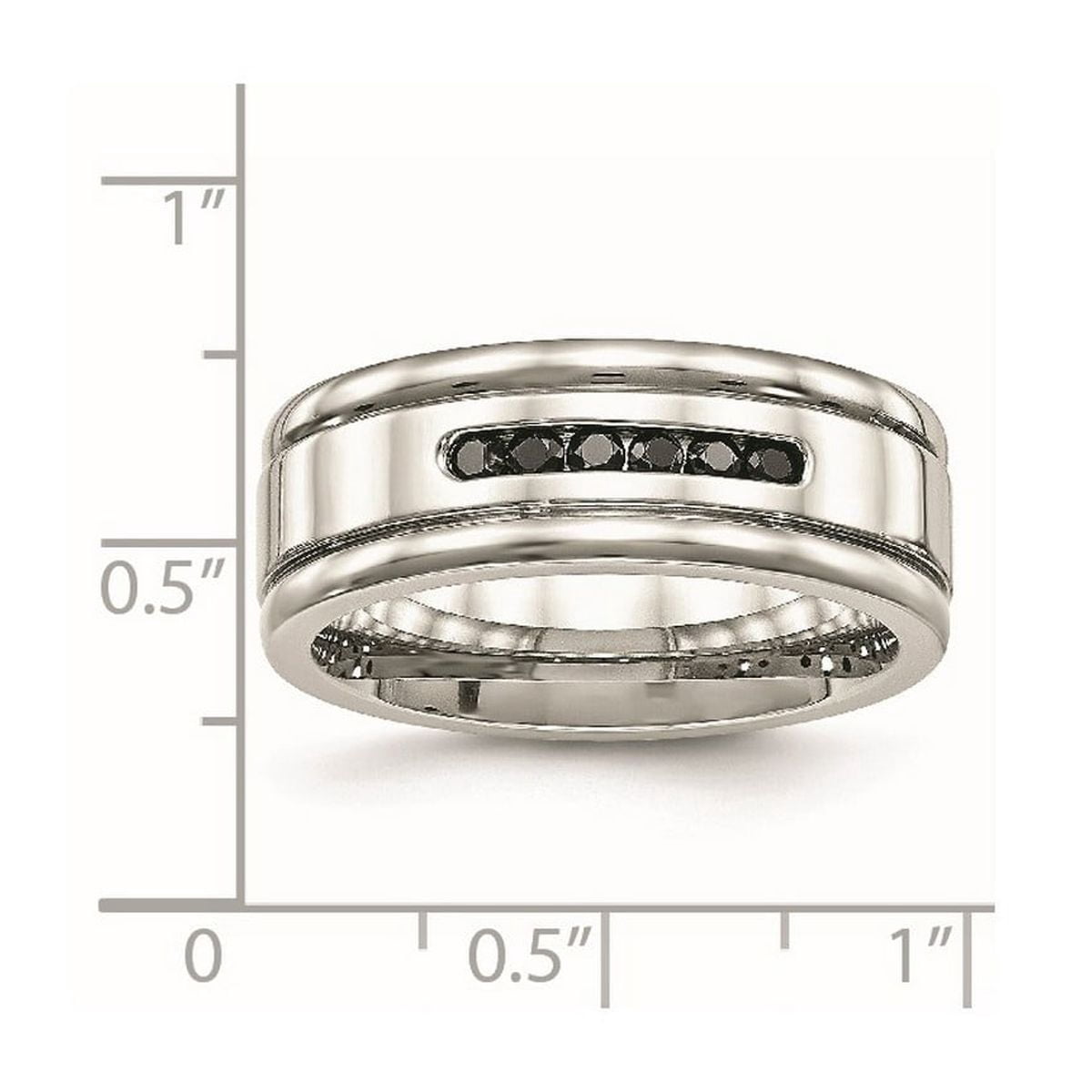 8mm Stainless Steel Polished Grooved Black Cubic Zirconia Ring Size 9 Ring for Women