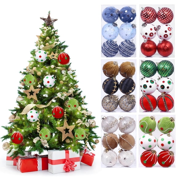 AYktou 6 Pcs Christmas Balls Ornaments set, 3.2 Inch Fabric-Wrapped Foam Christmas Decor Balls Multiple Types Elegant hanging ball for Christmas Tree Decor Wedding celebration Birthday Party Layout