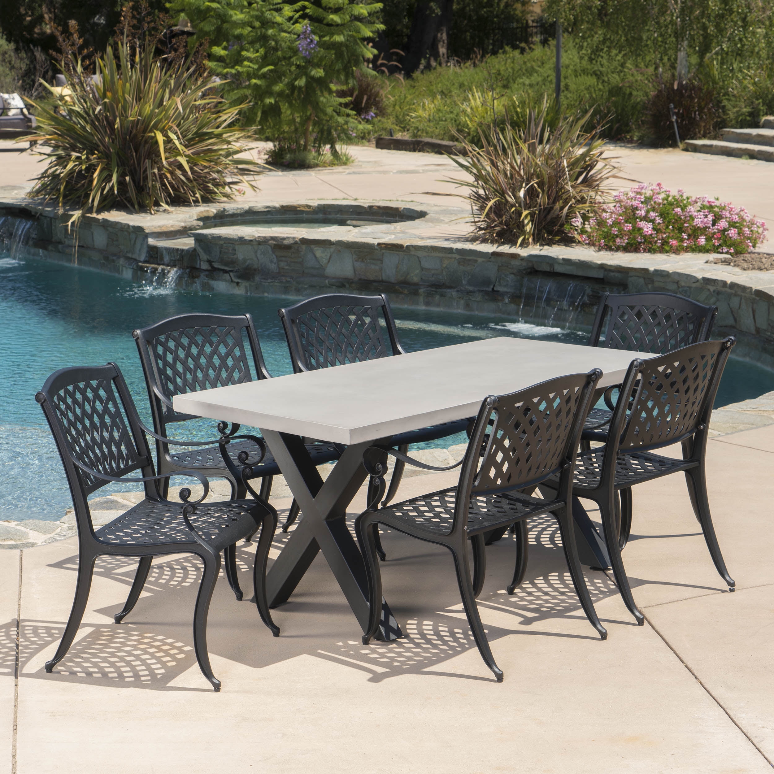 Corby Outdoor 7 Piece Dining Set with Rectangular Table and Aluminum Dining Chairs, Sand, Black, White