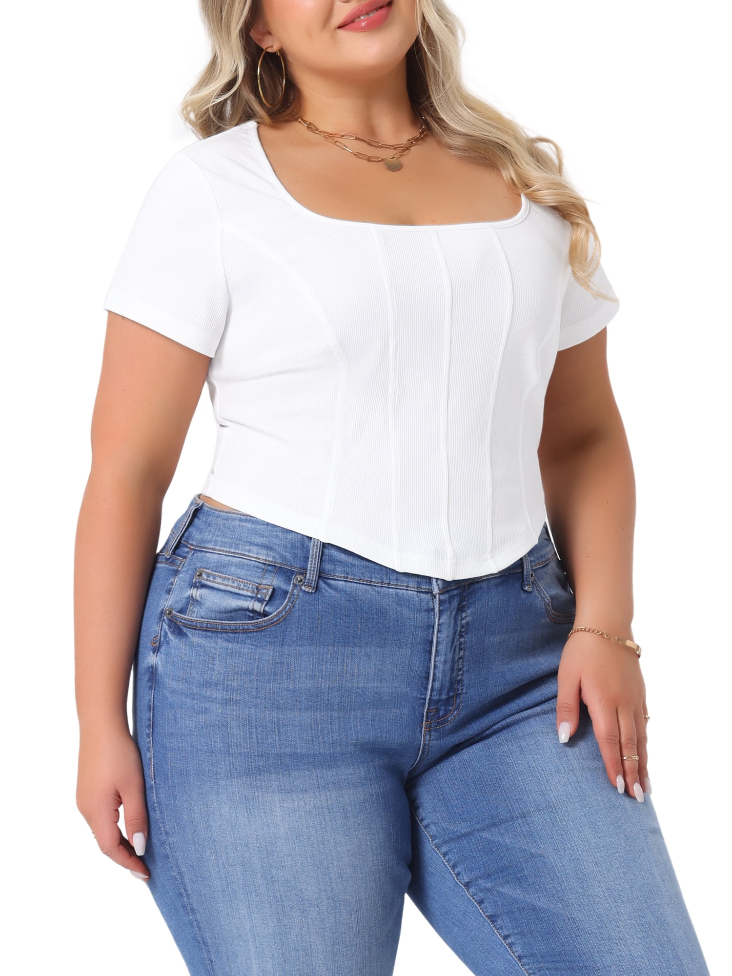 DARING DIVA Women's Plus Basic Short Sleeve Slim Fitted Crop Tops 4X White