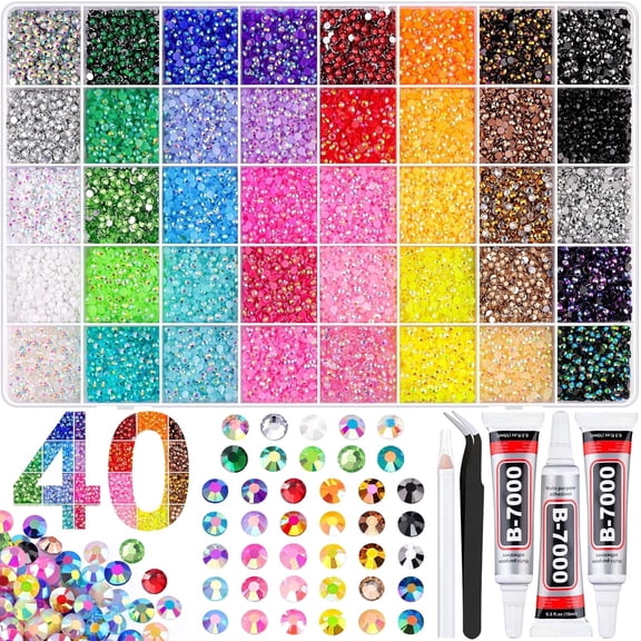 40000Pcs 40 Colors Jelly Rhinestones for Bedazzling, 3mm Multicolor Resin Flatback Gems for Diamond Art, Bedazzler Kit with 3Pcs 10ml B7000 Jewelry Glue for Crafting Book Shoes Nail Art