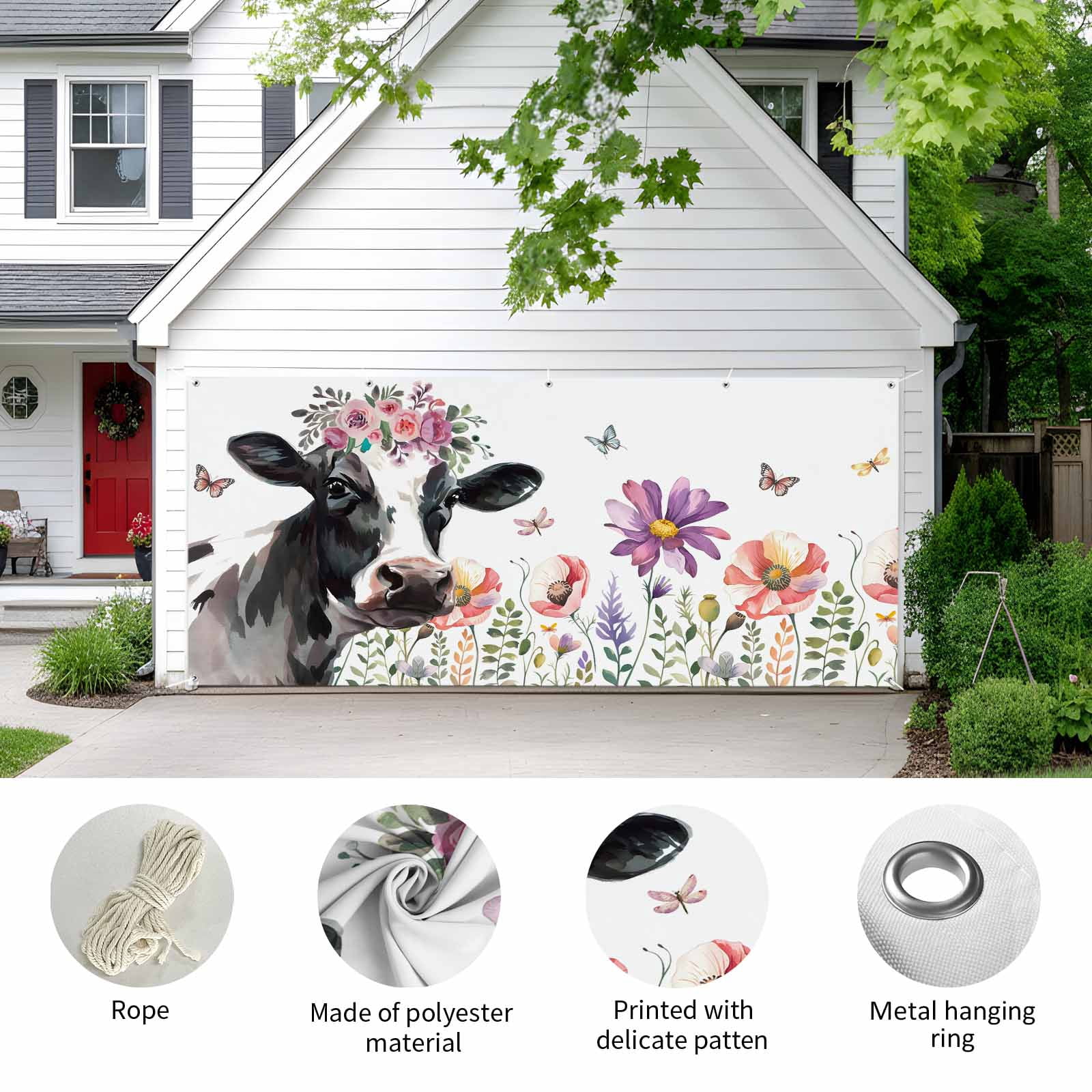 Cow Flower Garage Door Cover Banner 7 x 16 FT, Farmhouse Cattle Botanical Butterfly Floral Garage Door Curtains Backdrop with Grommets for Indoor Outdoor Wall Party Porch Yard Decorations Background