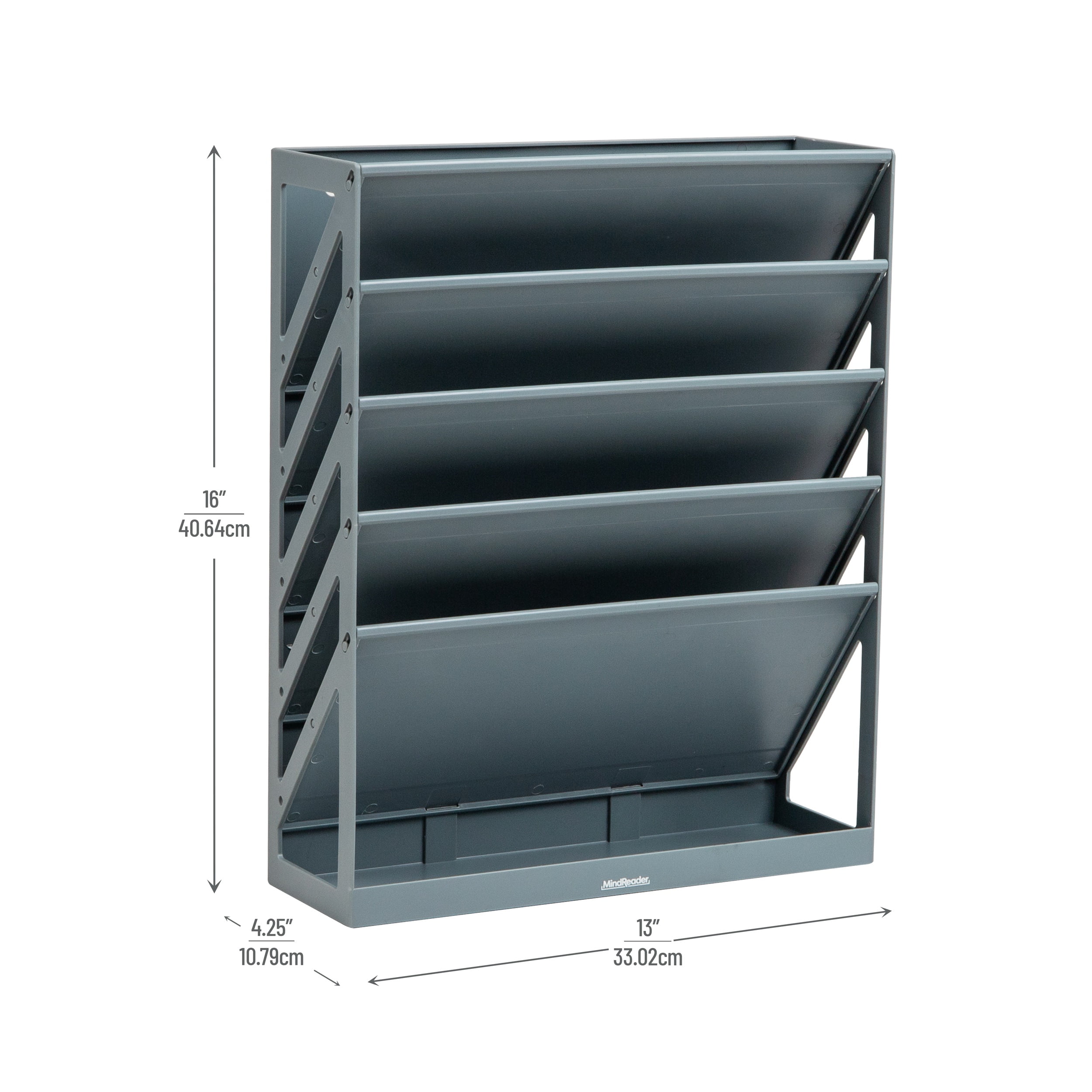 Mind Reader 5-Tier Vertical File Storage, Desktop Organizer, Wall Mount, Office, Plastic, 13"L x 4.25"W x 16"H, Gray