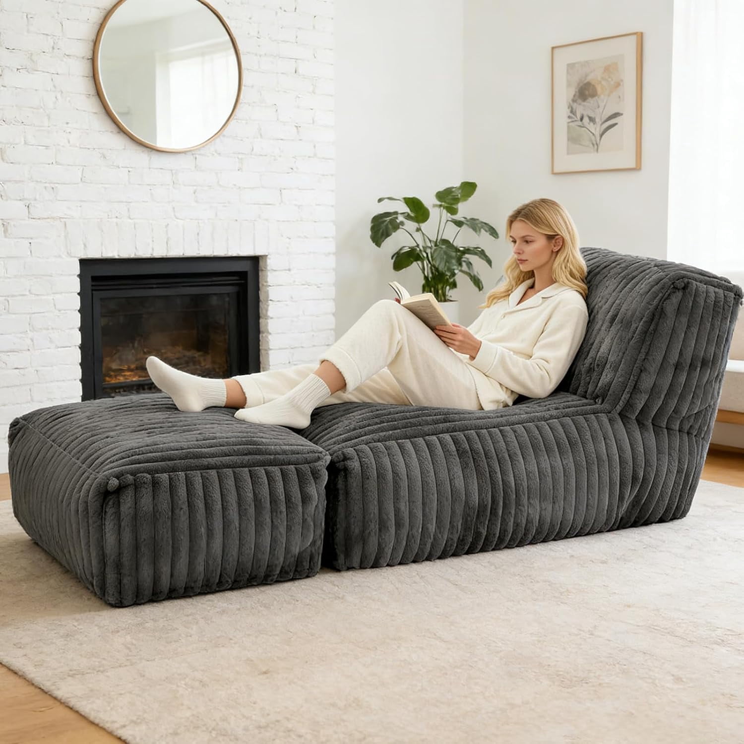 UZUGUL Giant Bean Bag Chair with Memory Foam Filled, Corduroy Lounge Sofa Chair for Bedroom Living Room, Dark Grey