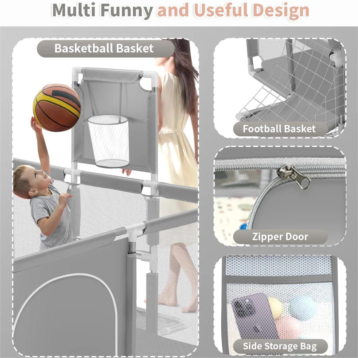 71" x 48" Extra Large Playpen for Babies Toddlers, Baby Playard with Basketball Hoop, No Gap Kids Fence Play Area Ball Pits, Infant Safety Play Yard with Door/Soccer Net