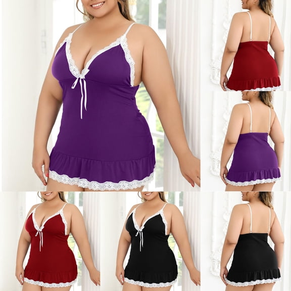 Naittoop Womens Spaghetti Strap Plunge V Neck Lingerie Sexy Lace Trim Ruffle Hem Nightgown Stretch Loungewear House Dress