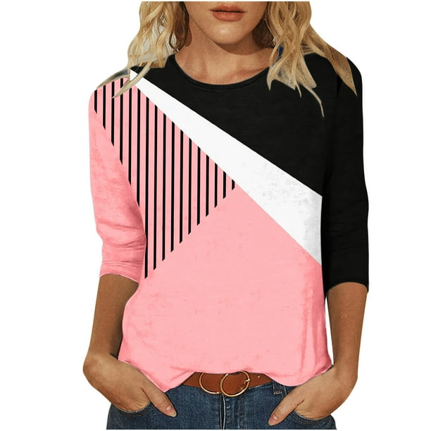 Elegante blusa de manga corta con cuello redondo retro para mujer con estampado de manga tres cuartos OAVQHLG3B Store lin121212
