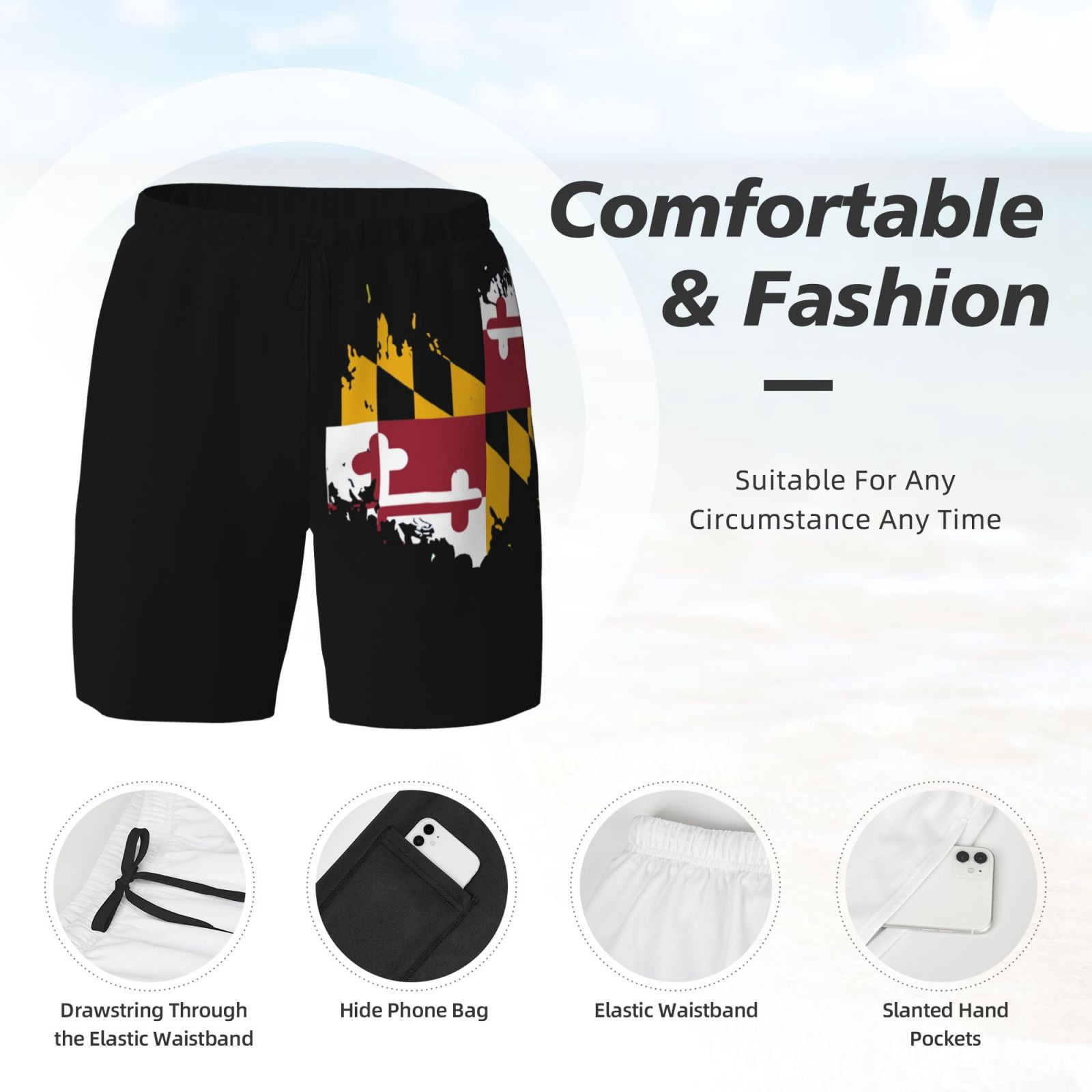 Men's Maryland Flag Swim Trunks with Compression Liner Bathing Suit Swimwear