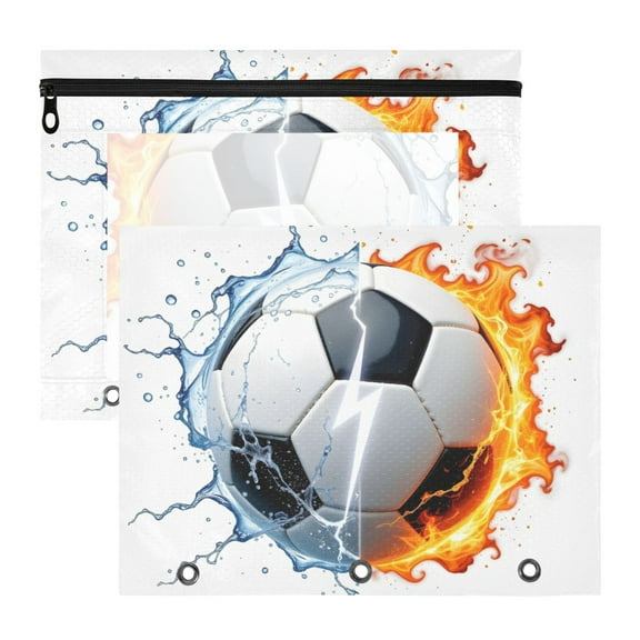 Football with Flame and Water 3-Ring Binder Pouches A4 Size Zipper Pocket File Storage 2 Packs