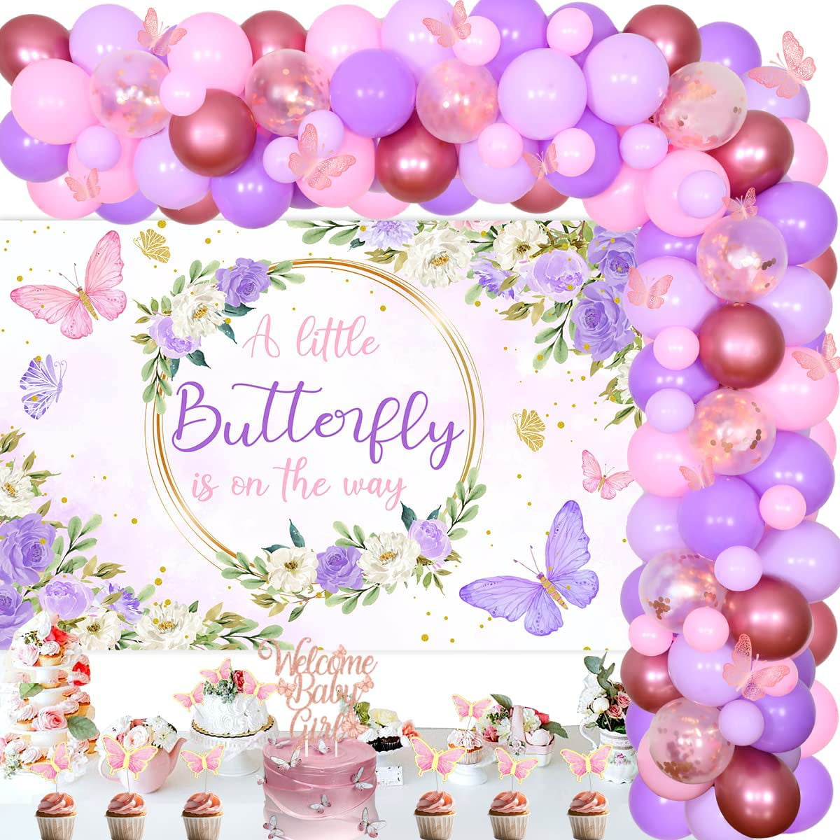Vansolinne Butterfly Baby Shower decorations for girl Purple A Little  Butterfly Is On The Way Baby Shower Backdrop Banner and Balloons Garland  Kit