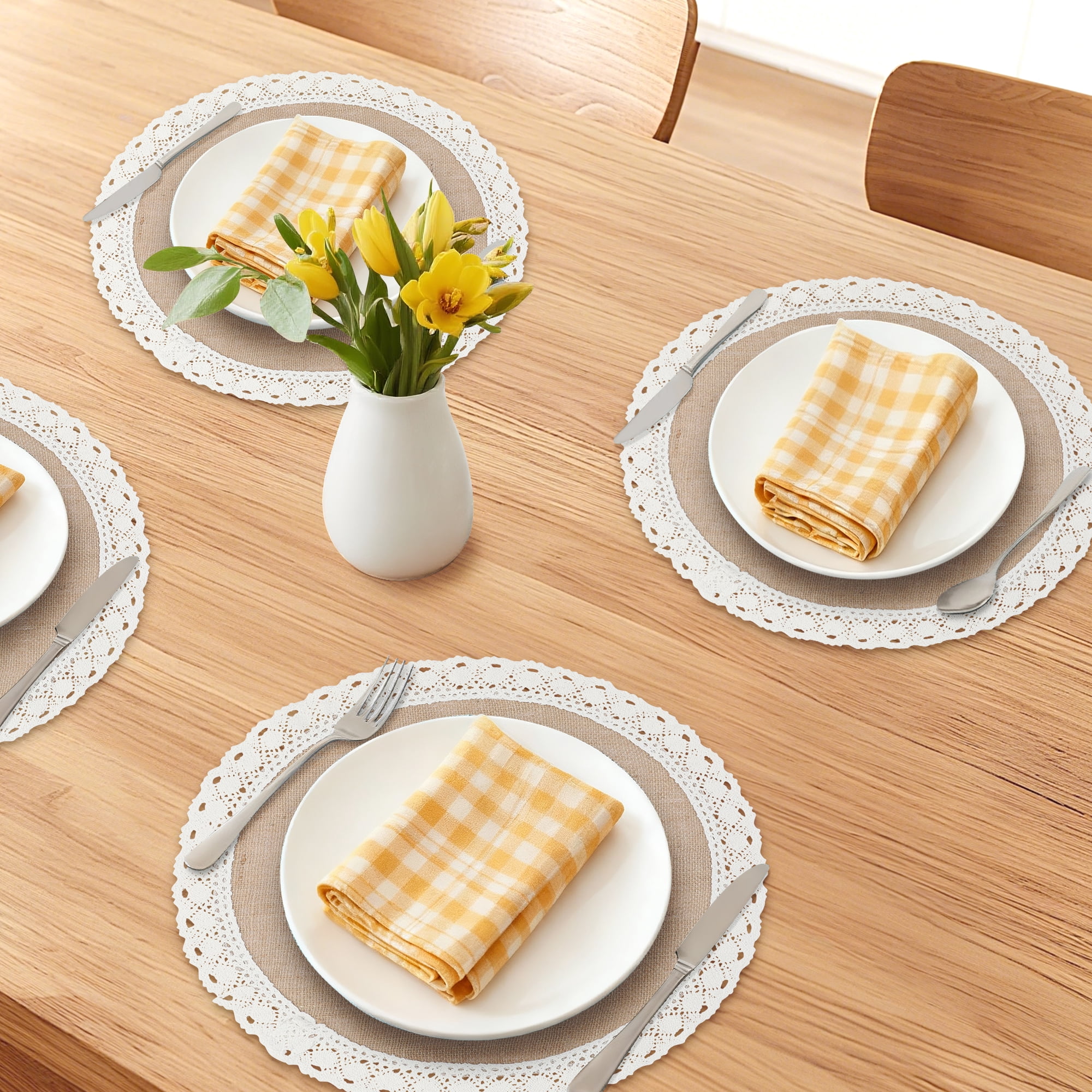 Unique Bargains Farmhouse Placemats 6pcs Round Placemats Wide Lace 15"x15"