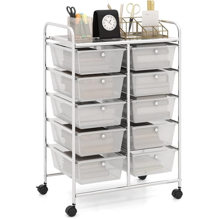 YSNW 10-Drawer Rolling Storage Cart Storage Organizer Cart with Lockable Wheels Beauty Salon Movable Utility Cart for School Office Home (Clear)