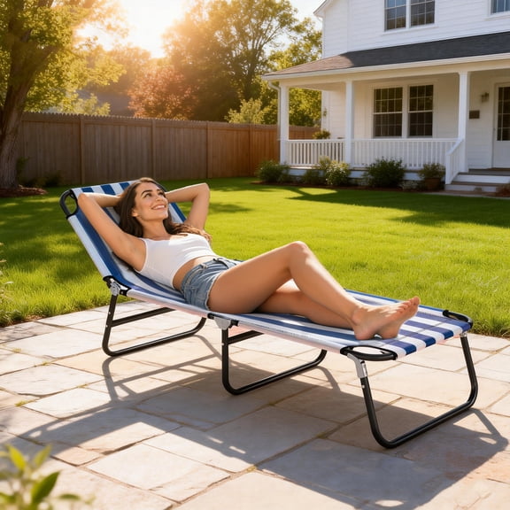 Outsunny Foldable Outdoor Chaise Lounge Chair, 5-Level Reclining Camping Tanning Chair with Strong Oxford Fabric for Beach, Yard, Blue and White