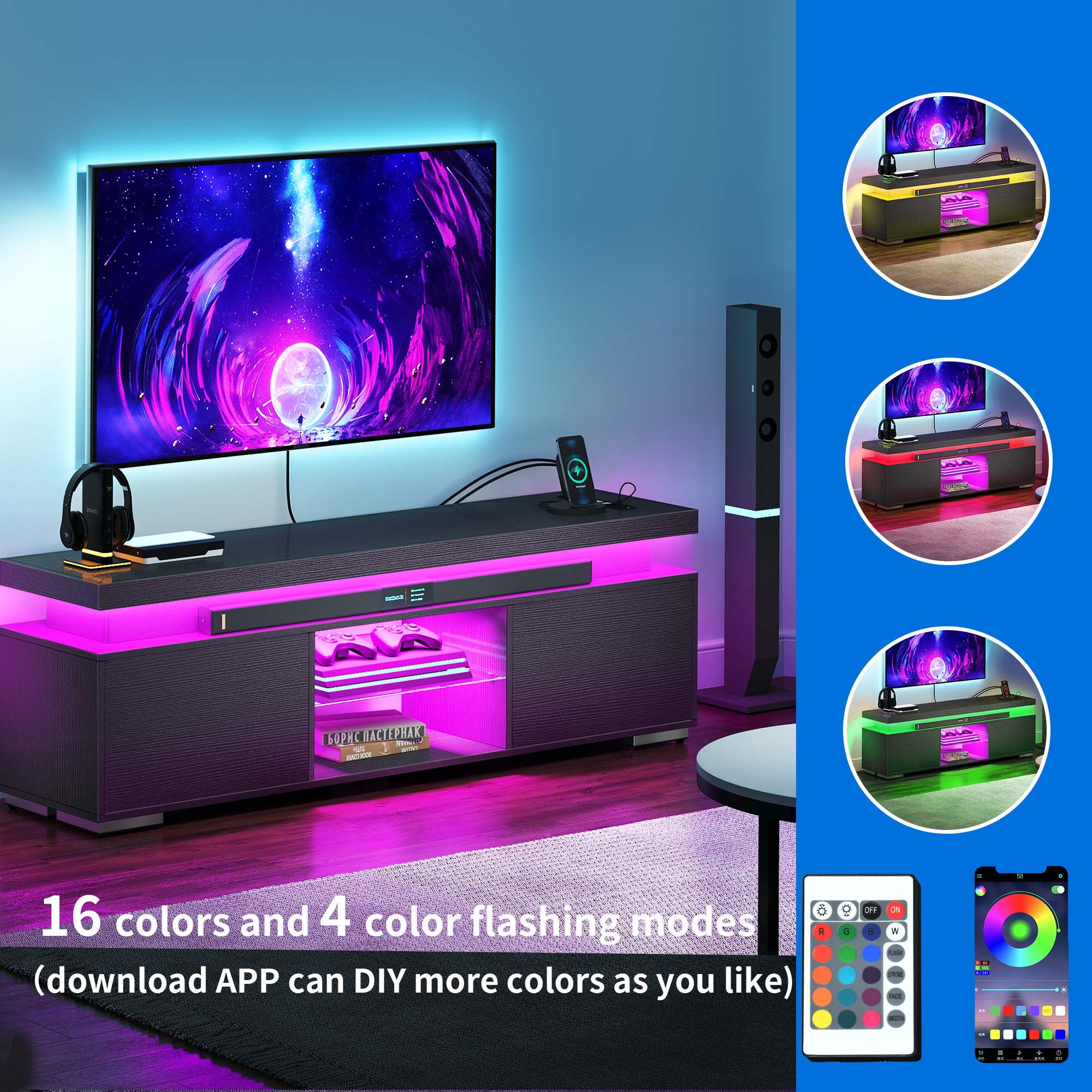 Dextrus LED TV Stand Entertainment Center with Power Outlets for 55/60/65 inch TVs, Black